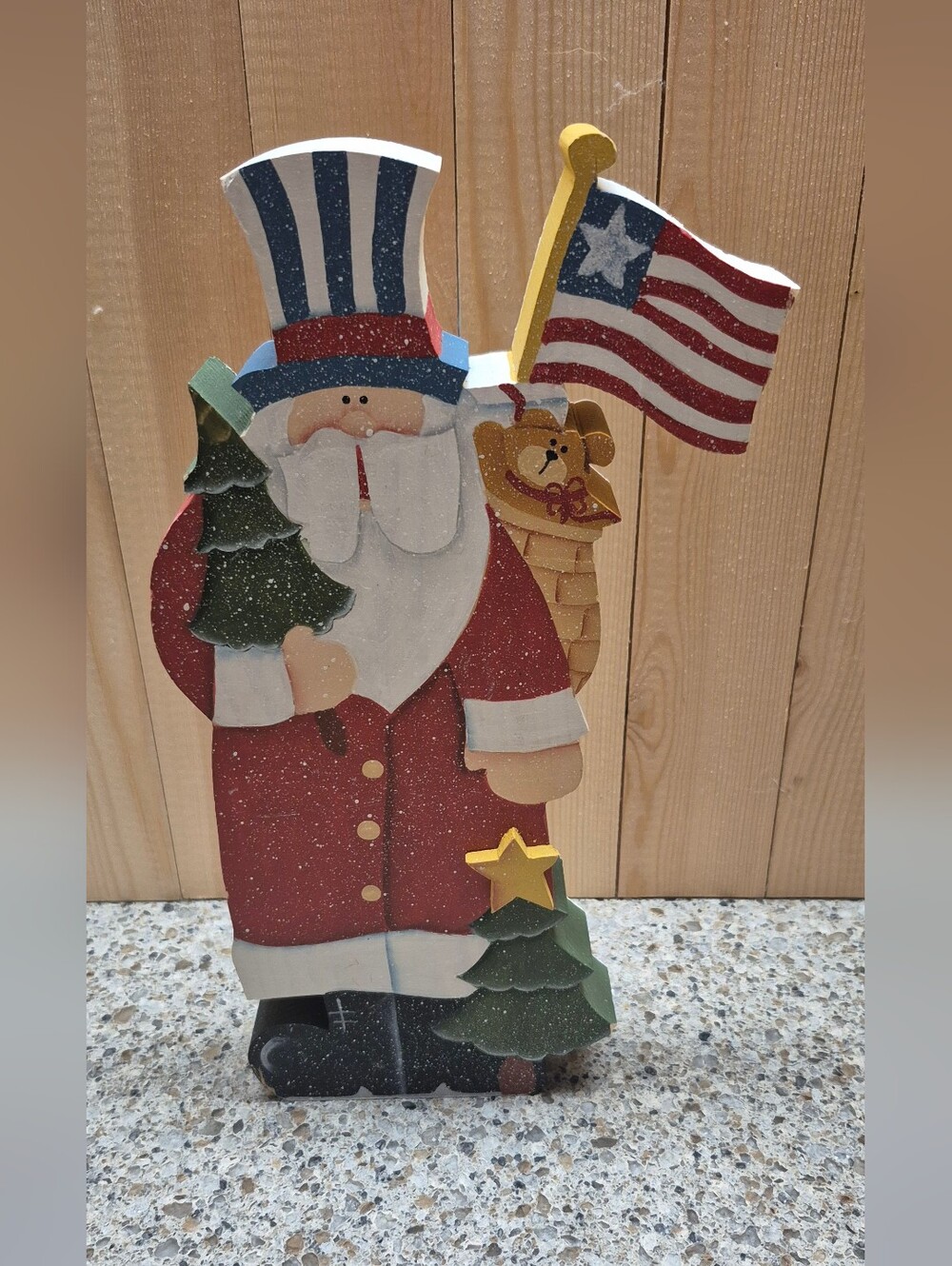 Vintage Wooden Patriotic Santa Figurine Americana Uncle Sam Christmas Decor 11"